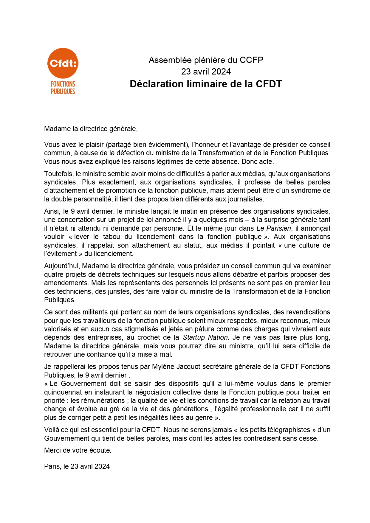 Déclaration liminaire de la CFDT au Conseil Commun de la Fonction Publique