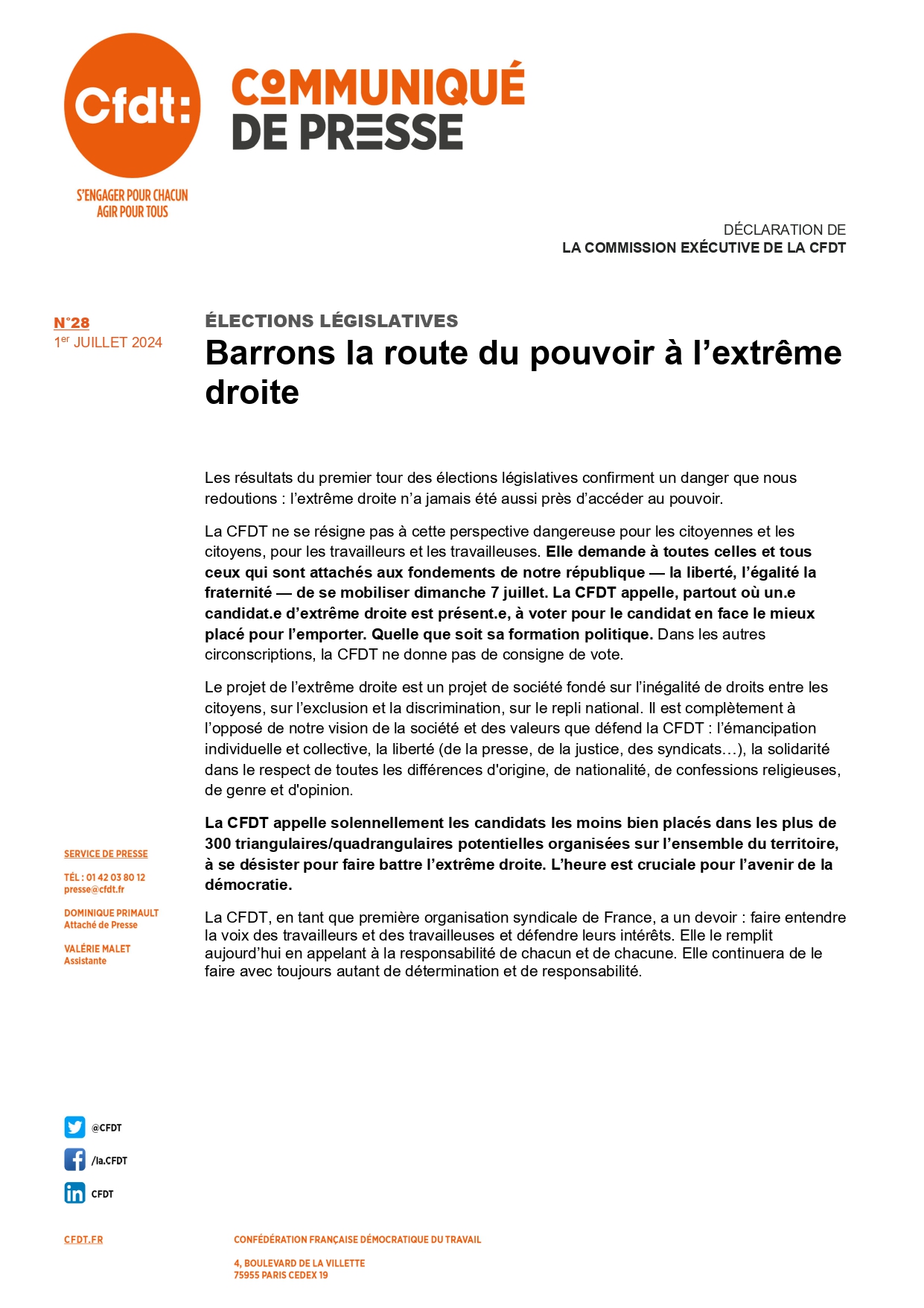 Elections législatives&nbsp;: Barrons la route du pouvoir à l’extrême droite