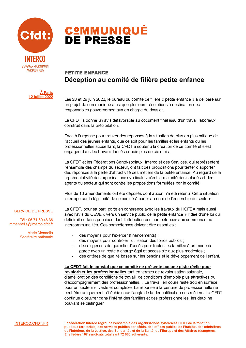 Petite Enfance - Déception au comité de filière petite enfance