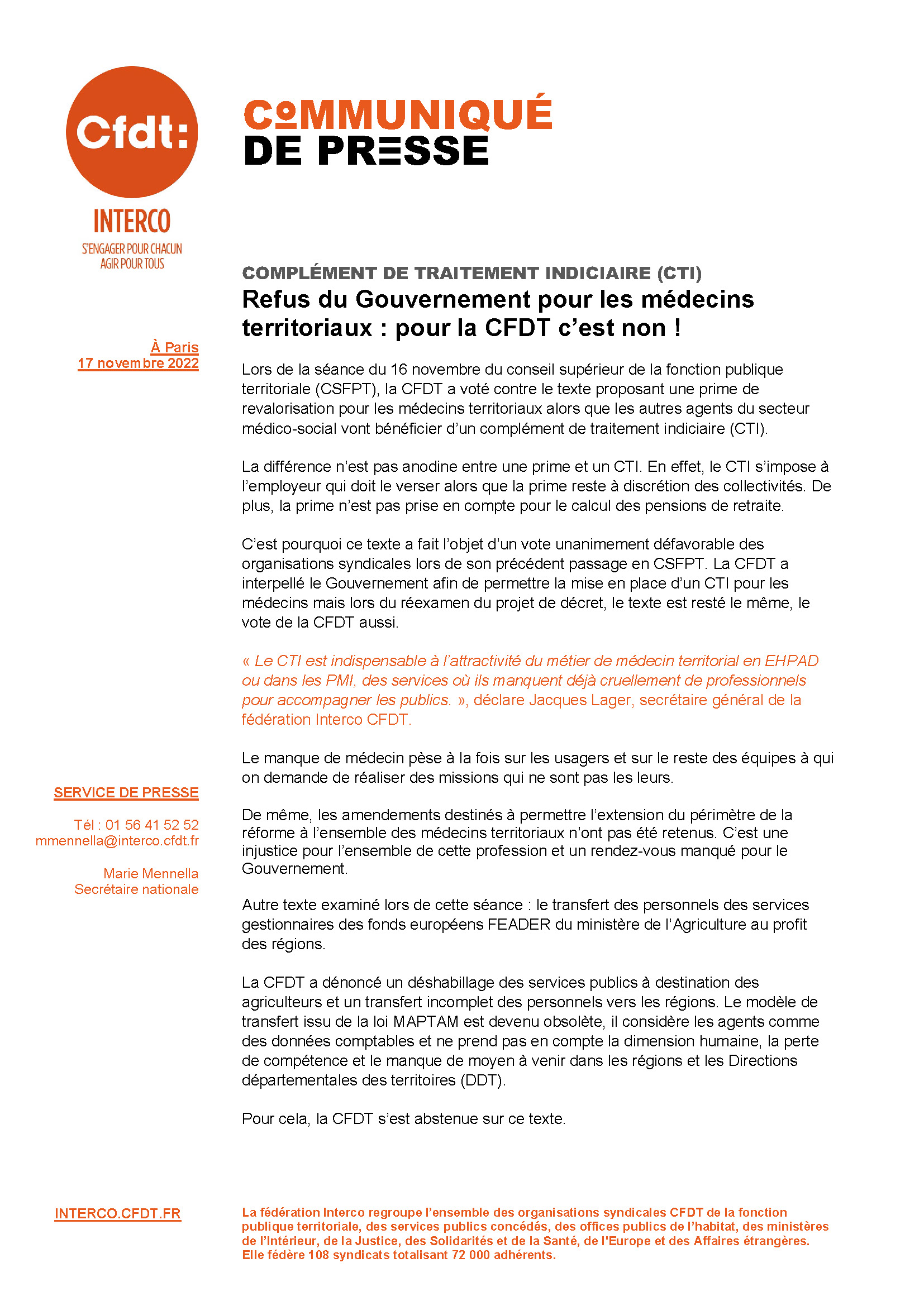 Le Gouvernement refuse le complément de traitement indiciaire (CTI) pour les médecins territoriaux&nbsp;: pour la CFDT c’est non&nbsp;!