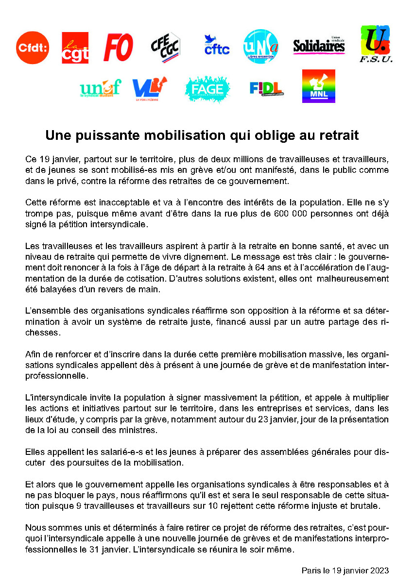 Communiqué Intersyndicale&nbsp;: Une puissante mobilisation qui oblige au retrait&nbsp;!