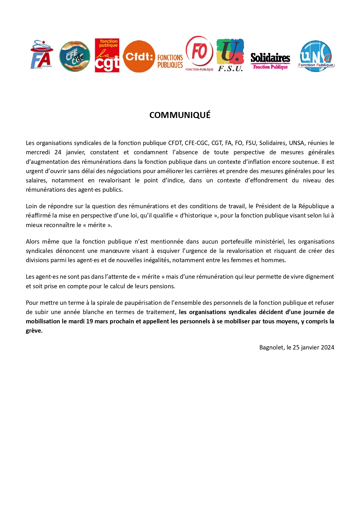 Journée de mobilisation Fonction Publique&nbsp;: le mardi 19 mars