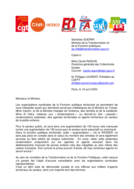 Demande d’entretien au ministre et ouverture de vraies négociations pour la petite enfance dans la FPT.