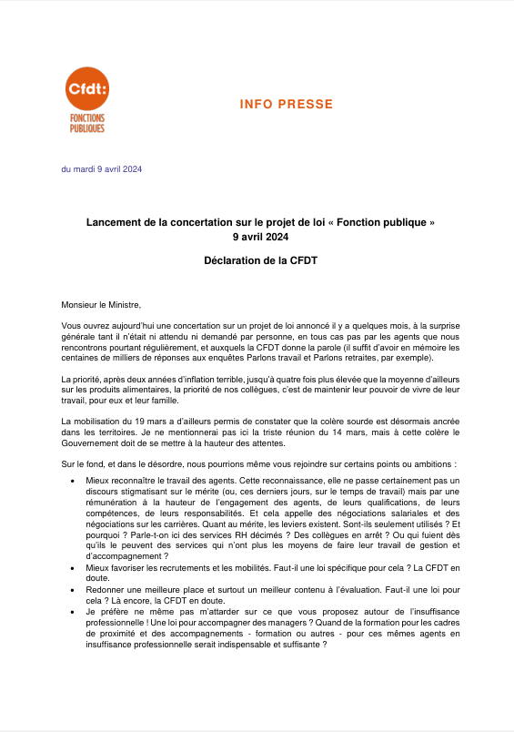 LANCEMENT DE LA CONCERTATION SUR LE PROJET DE LOI «&nbsp;FONCTION PUBLIQUE&nbsp;» LE 9 AVRIL 2024