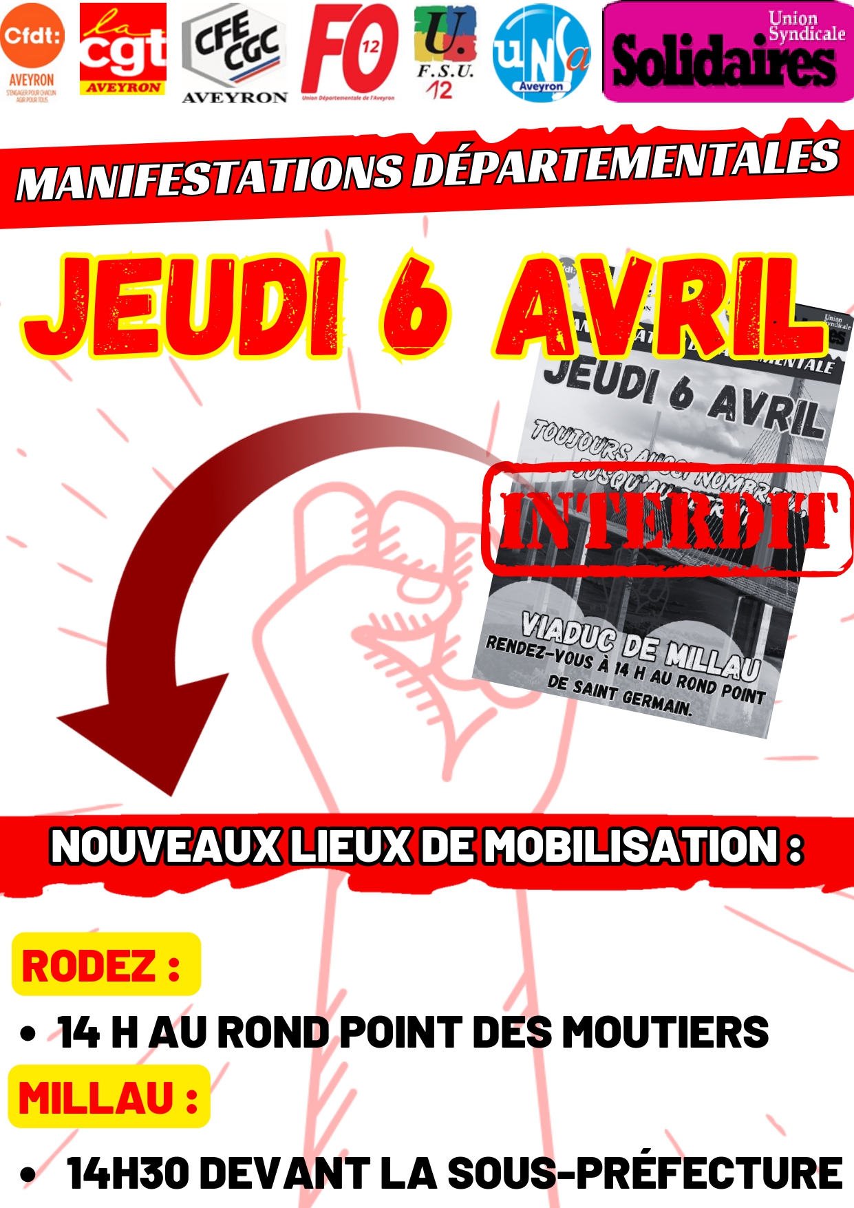 NOUVEAUX LIEUX&nbsp;!  MANIFESTATIONS DÉPARTEMENTALES JEUDI 6 AVRIL RODEZ ET MILLAU