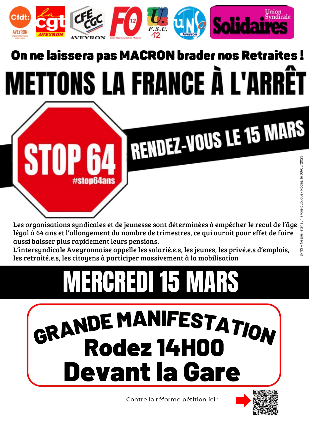 GRANDE MANIFESTATION INTERSYNDICALE MERCREDI 15 MARS Rodez 14H00