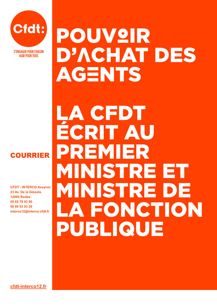 Pouvoir d’achat des agents, la CFDT écrit au premier ministre et ministre de la fonction publique