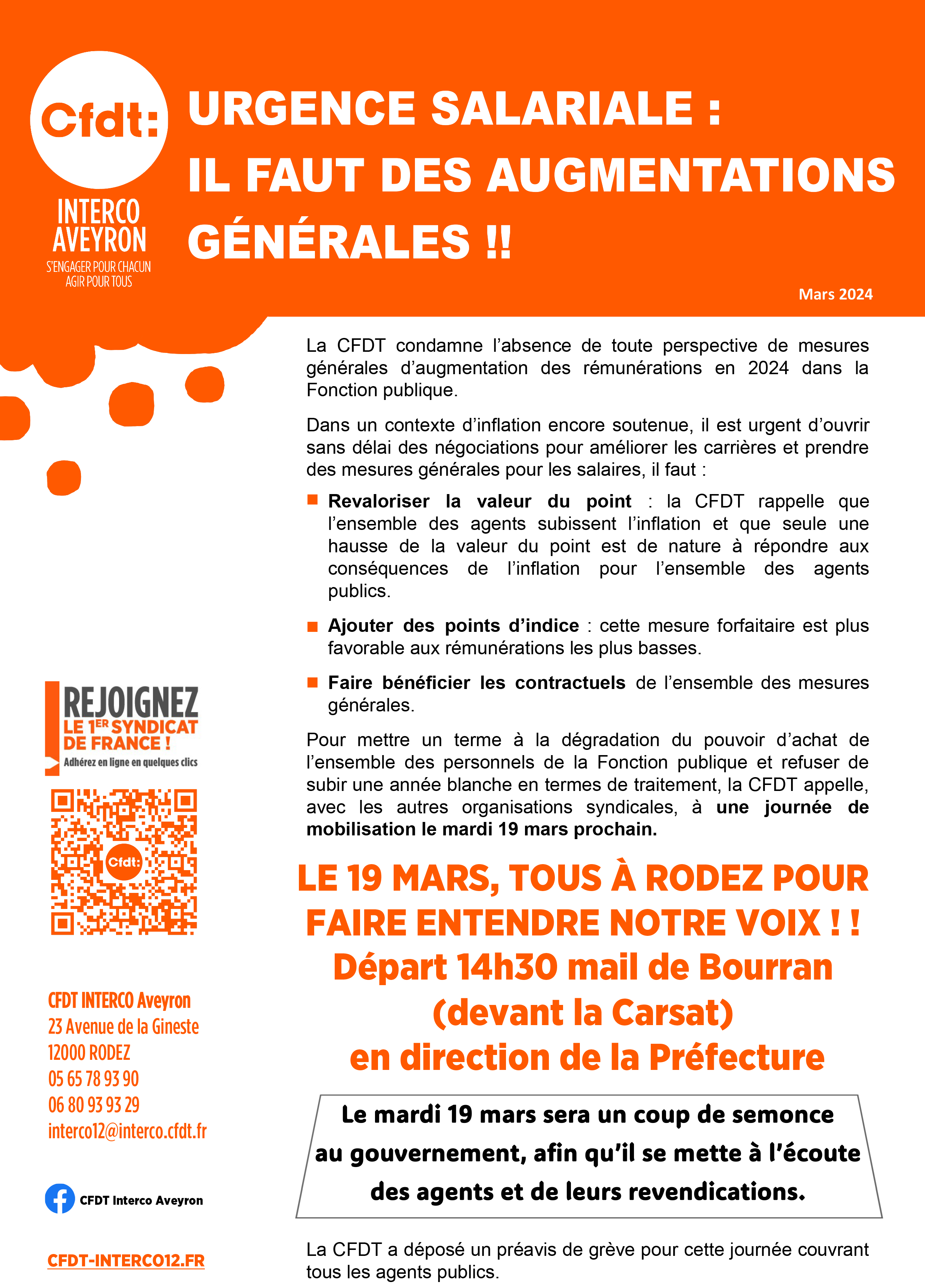 URGENCE SALARIALE&nbsp;: TOUS DANS LA RUE LE 19 MARS POUR FAIRE ENTENDRE NOTRE VOIX A RODEZ A 14h30&nbsp;!!