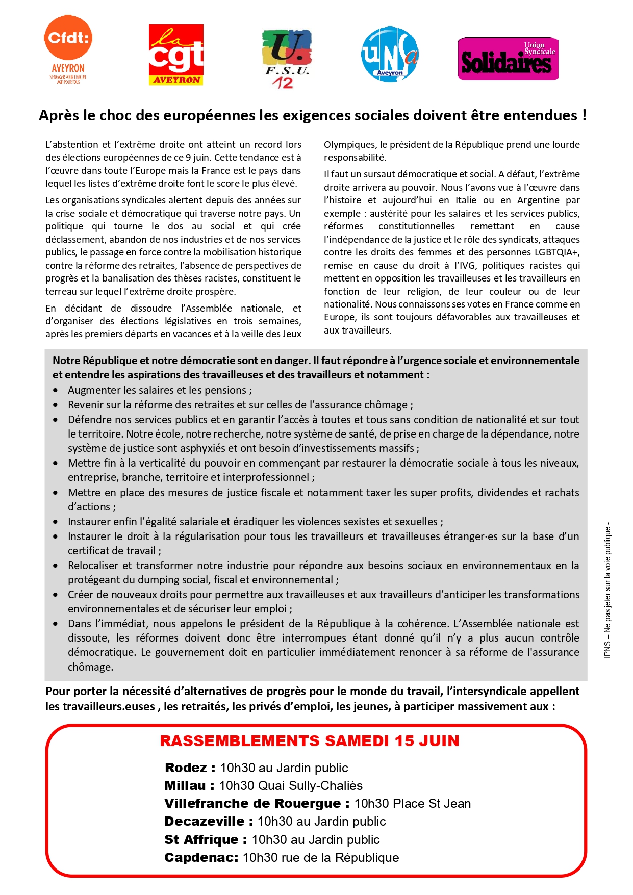 RASSEMBLEMENTS INTERSYNDICAL SAMEDI 15 JUIN