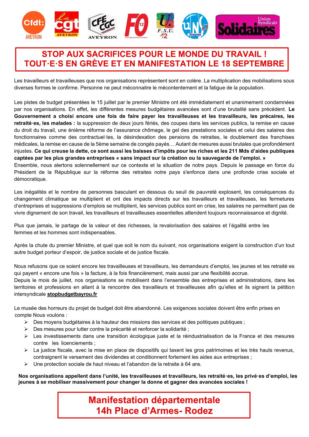 Mobilisation AVEYRON le 18 septembre&nbsp;!