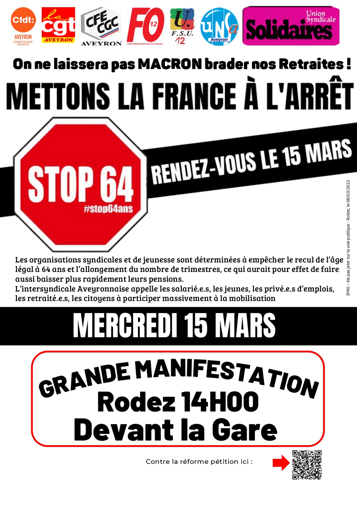 GRANDE MANIFESTATION INTERSYNDICALE MERCREDI 15 MARS Rodez 14H00