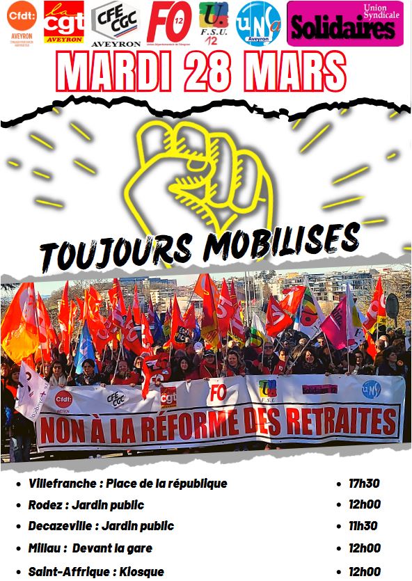 Manifestation contre la réforme des retraites le Mardi 28 Mars en Aveyron